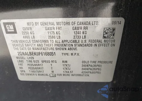 2015 Chevrolet Equinox 1Lt from USA, damaged, VIN 2GNALBEK9F6168051